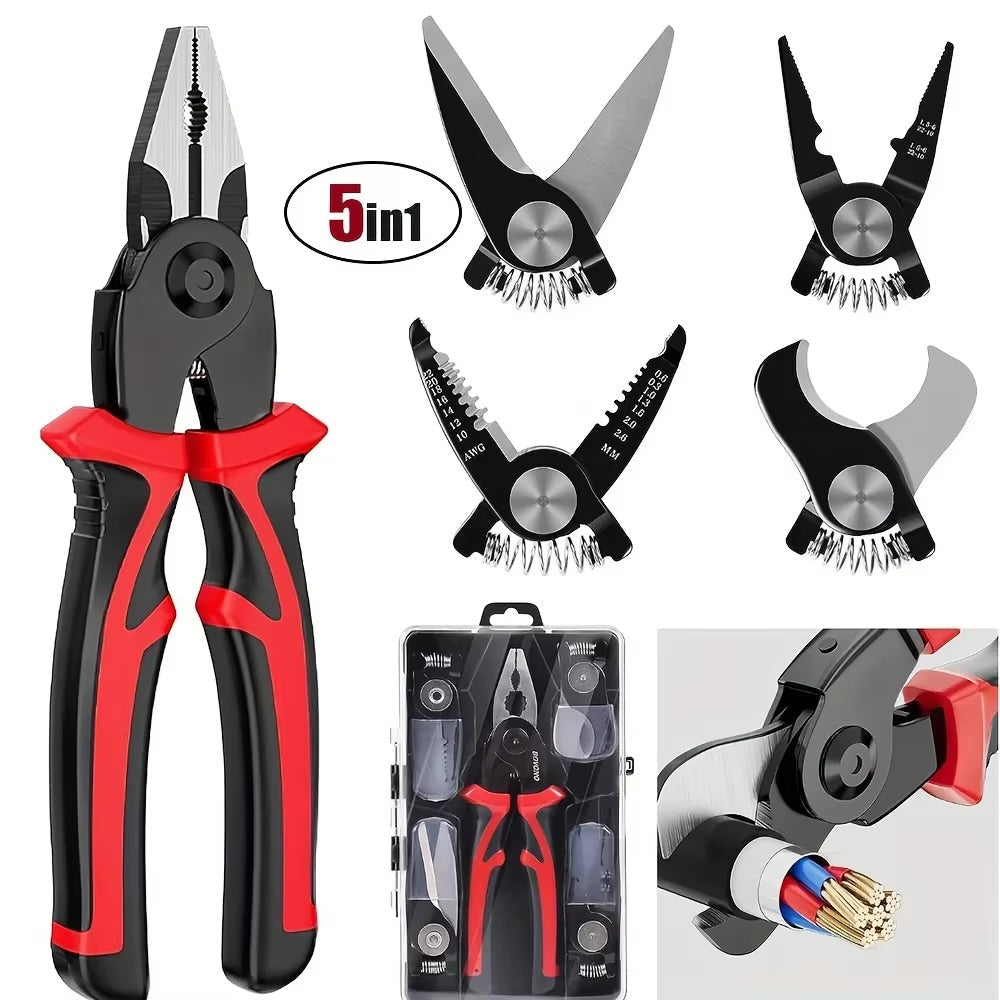 5 In 1 Multifunctional Plier Tool Set, Interchangeable Plier, Wire Cutter, Stripper, Crimping Pliers