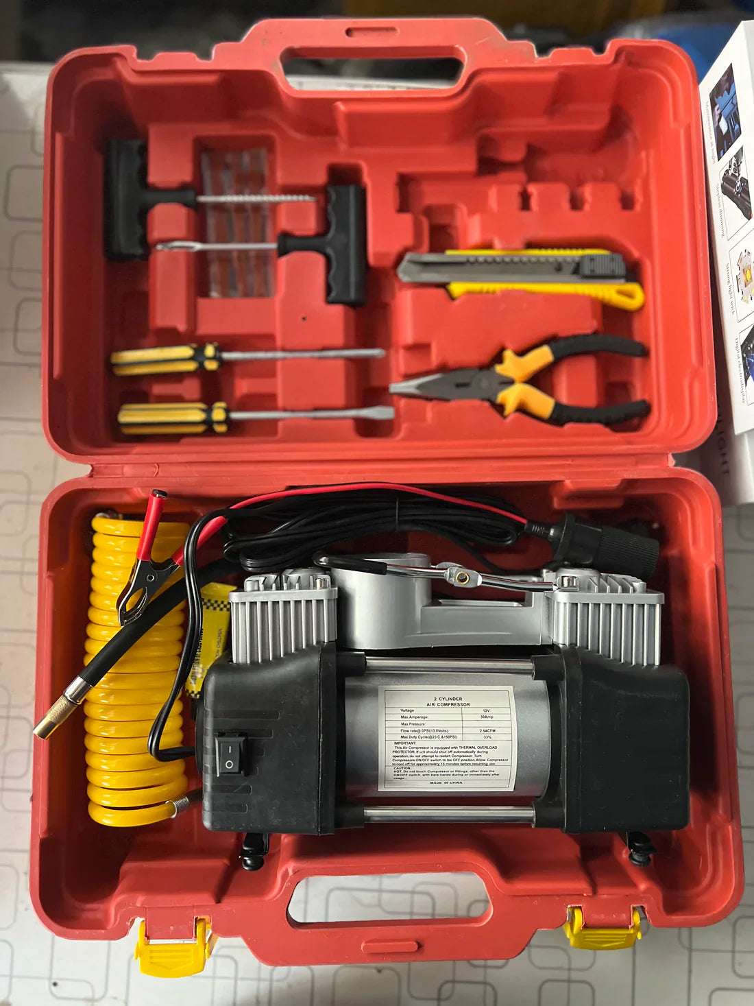 High Quality 2 in 1 Car Bike Tire inflyater + pancher kit .Tire Air compressor. Air pump